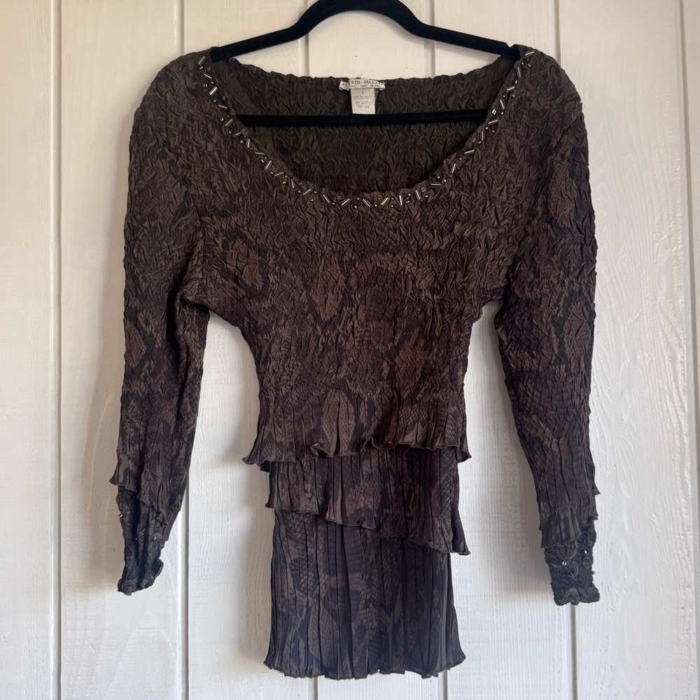 Alberto Makali Vintage Brown Snake Print Crinkle Top with Beaded Detailing